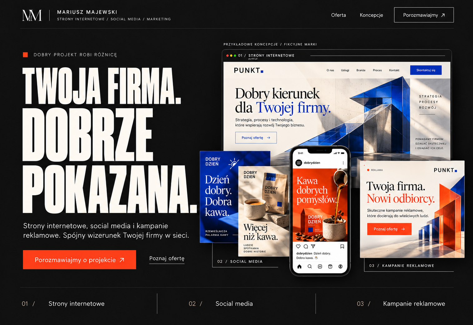 Przykłady: strona MONO — Przestrzeń do życia, posty marki Dobry Dzień, telefon i reklama