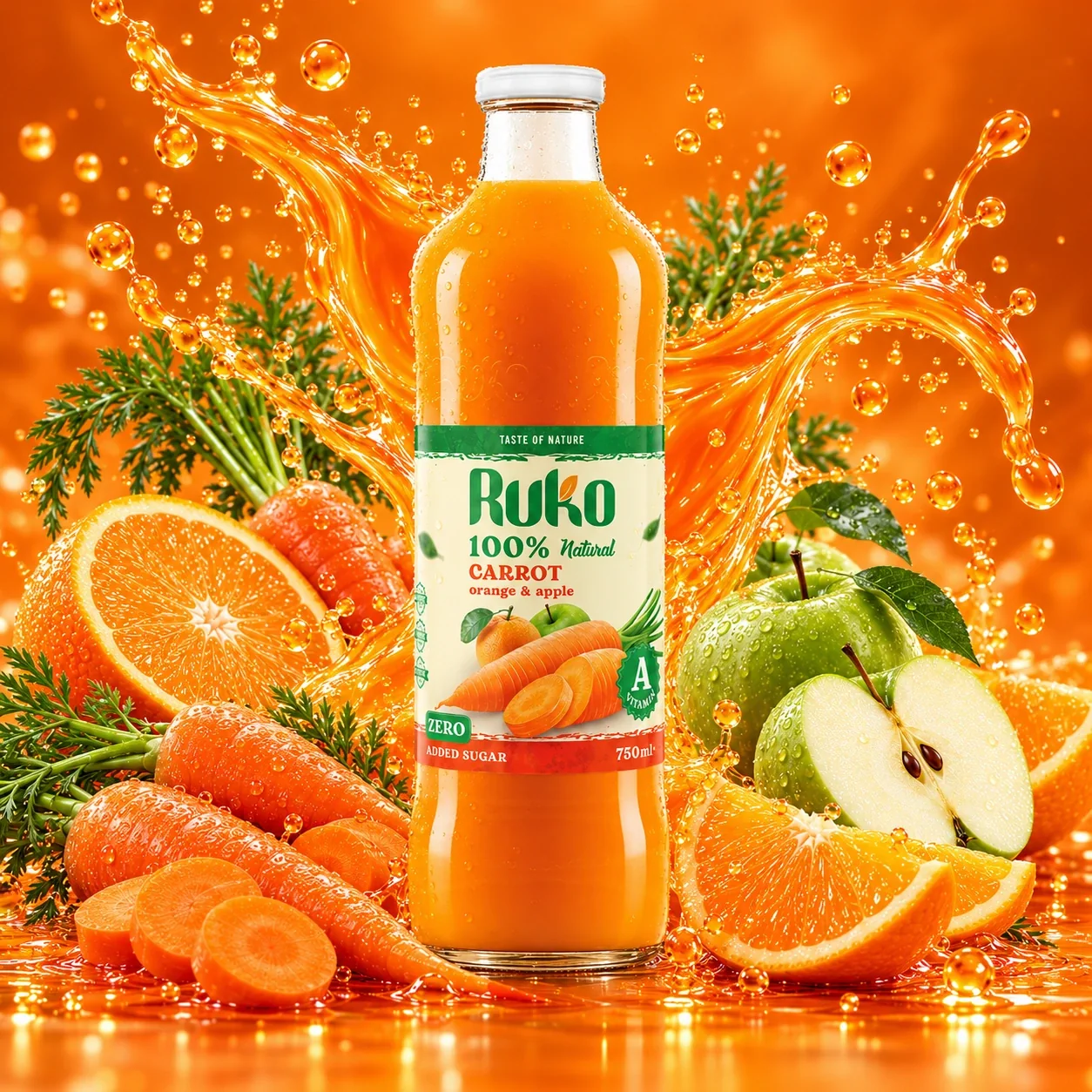 Ruko Carrot, Orange & Apple 750 ml — pełna kwadratowa kompozycja