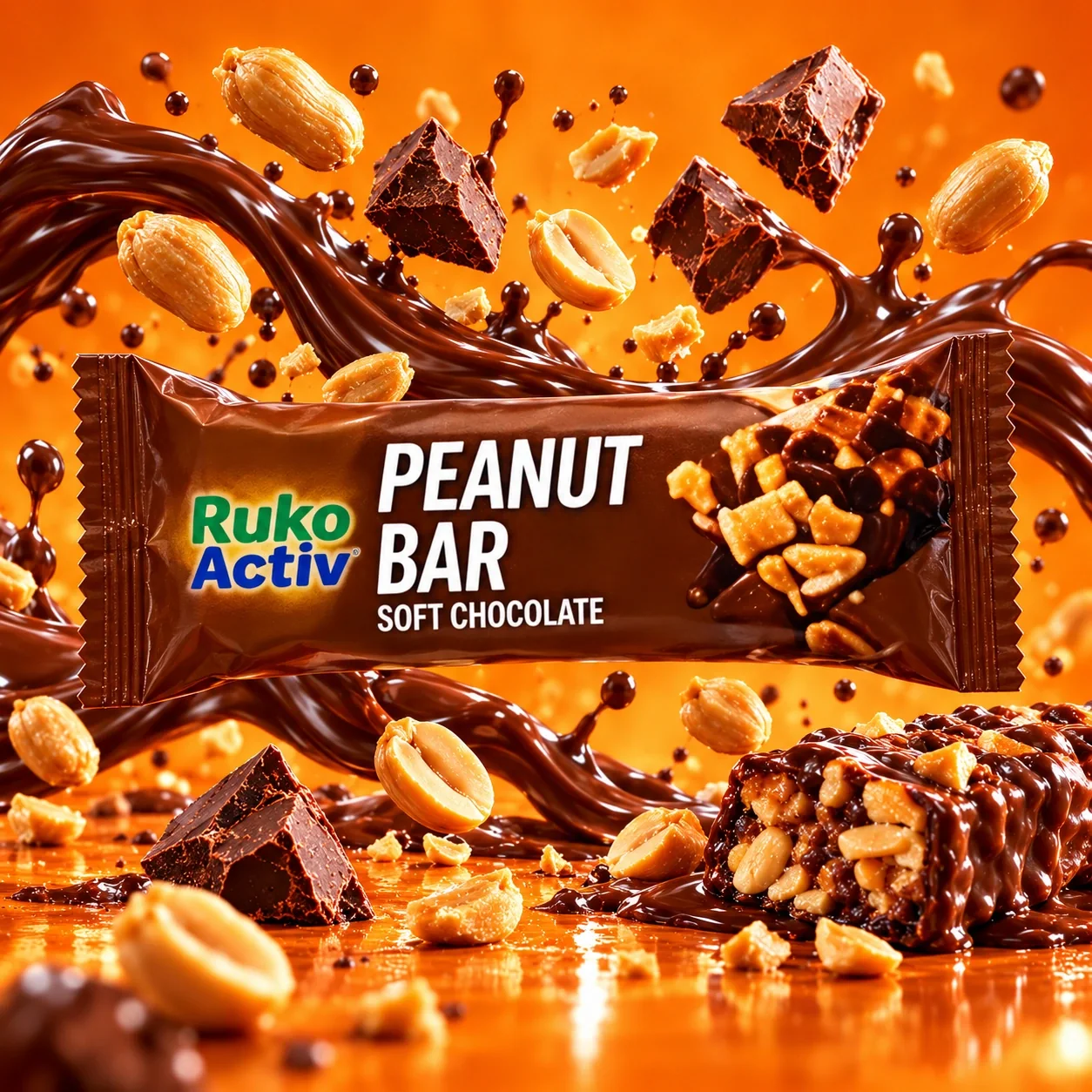 Ruko Activ Soft Chocolate — pełna kwadratowa kompozycja ze składnikami